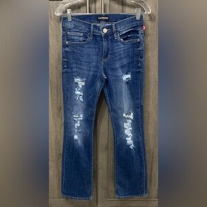 Express Barely Boot Mid Rise Frayed Dark Denim Blue Jeans Women's Size 2 Slim